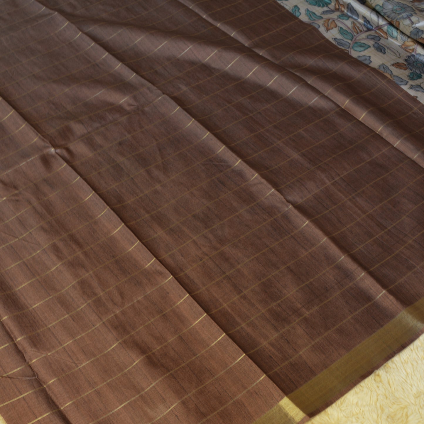 Grey with brown tussar checks kalamkari saree