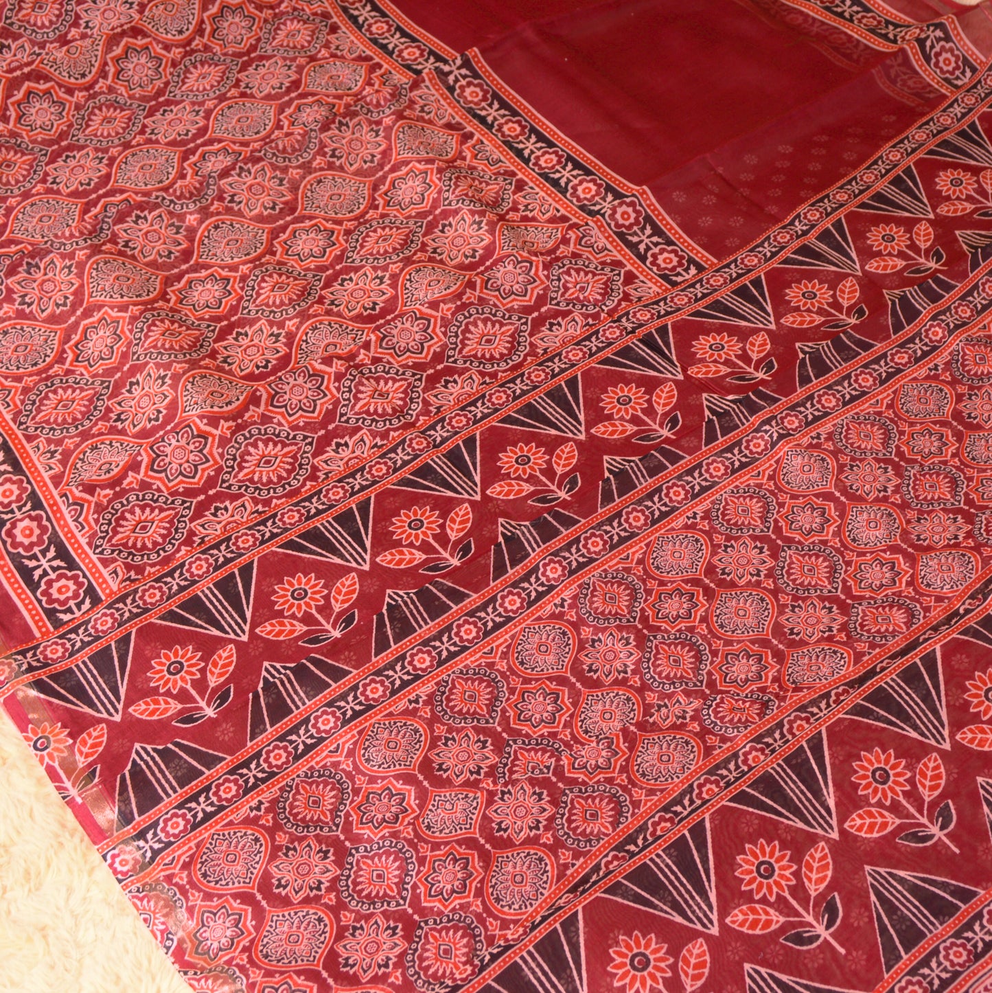 Maroon ajrakh handblock printed chanderi silk cotton saree
