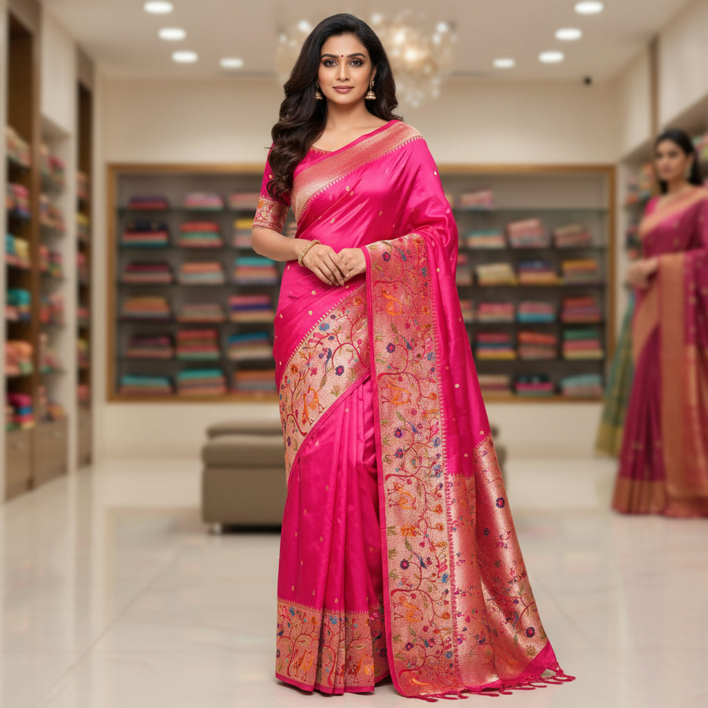 Pink dola silk german silver work saree