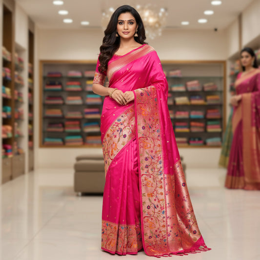 Pink dola silk german silver work saree