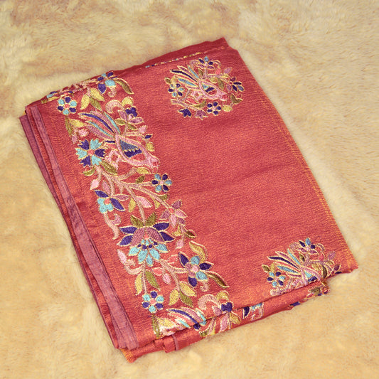 Peach pink crush tissue embroidery saree