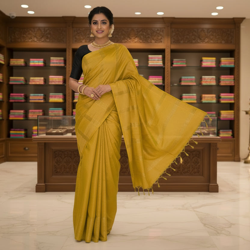 Yellow moonga silk saree with kalamkari blouse