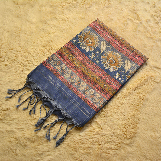 Mustard yellow with blue tussar checks kalamkari printed saree