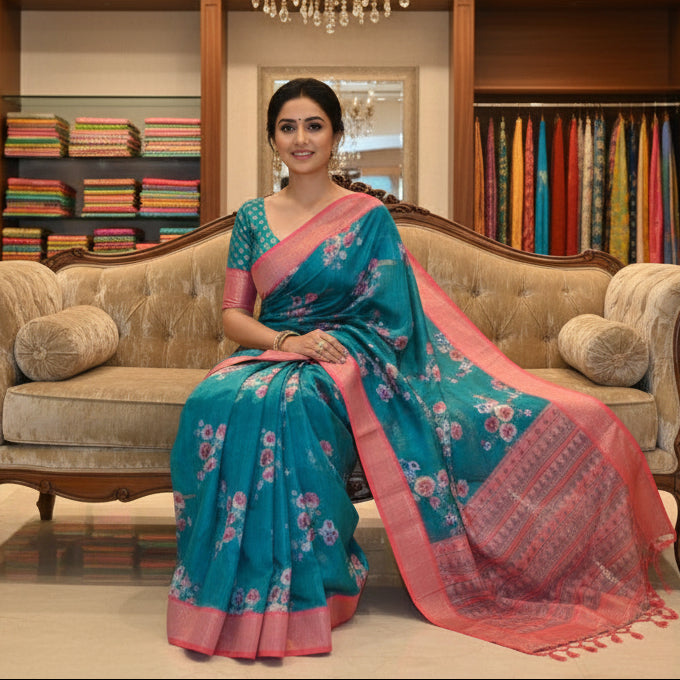 Teal blue digital print cotton blend kalamkari saree