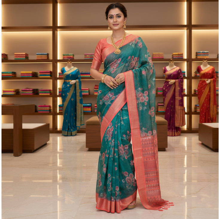 Teal blue digital print cotton blend kalamkari saree