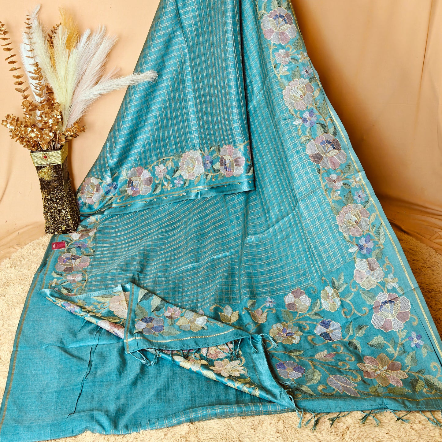 Blue semi tussar checks embroidery saree