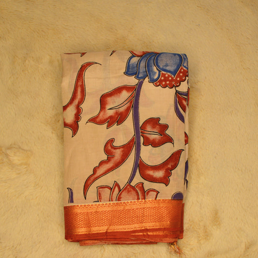 Half-white with orange kalamkari silk saree