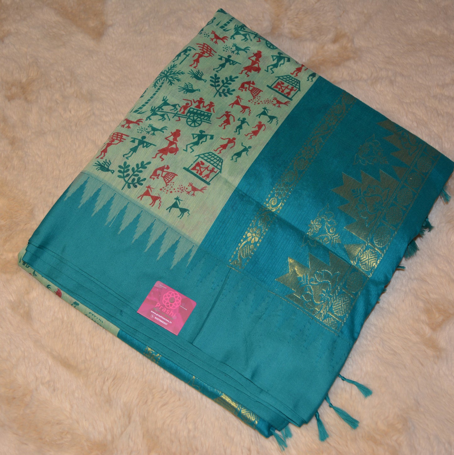 teal blue and blue kalyani cotton digital print saree