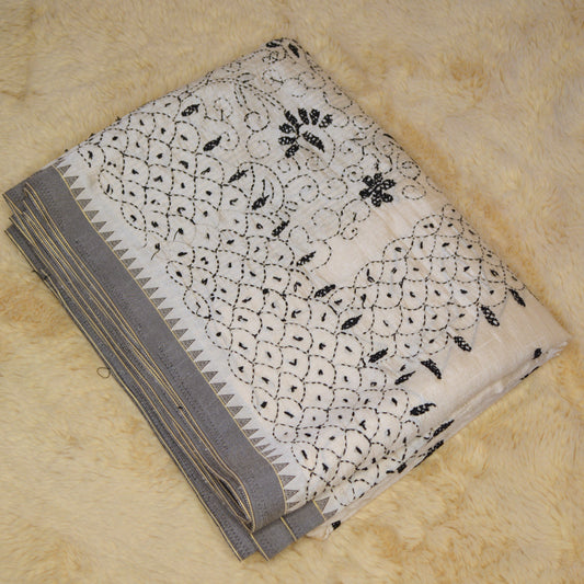 Half white with black tussar kashmir embroidery saree