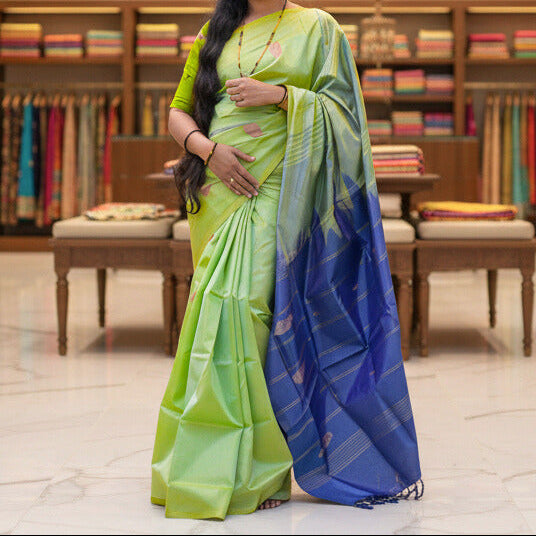 Parrot green with blue vegan silk saree