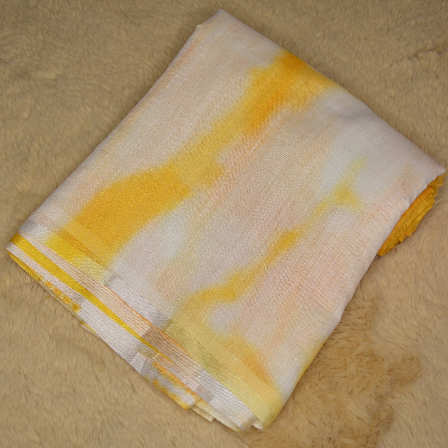Yellow with white linen shibori print saree