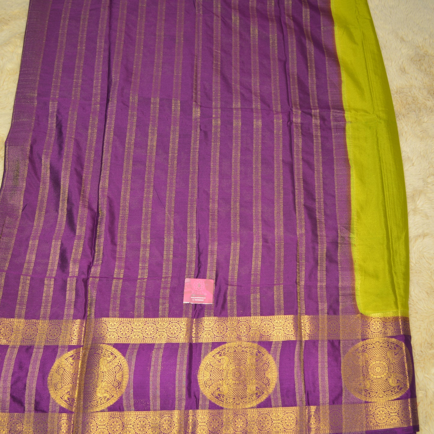 Mehandi green with purple semi mysore crepe bentex butta saree