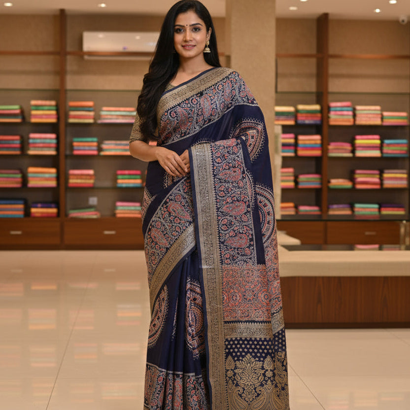 Navy blue ajrakh handblock printed dola silk saree