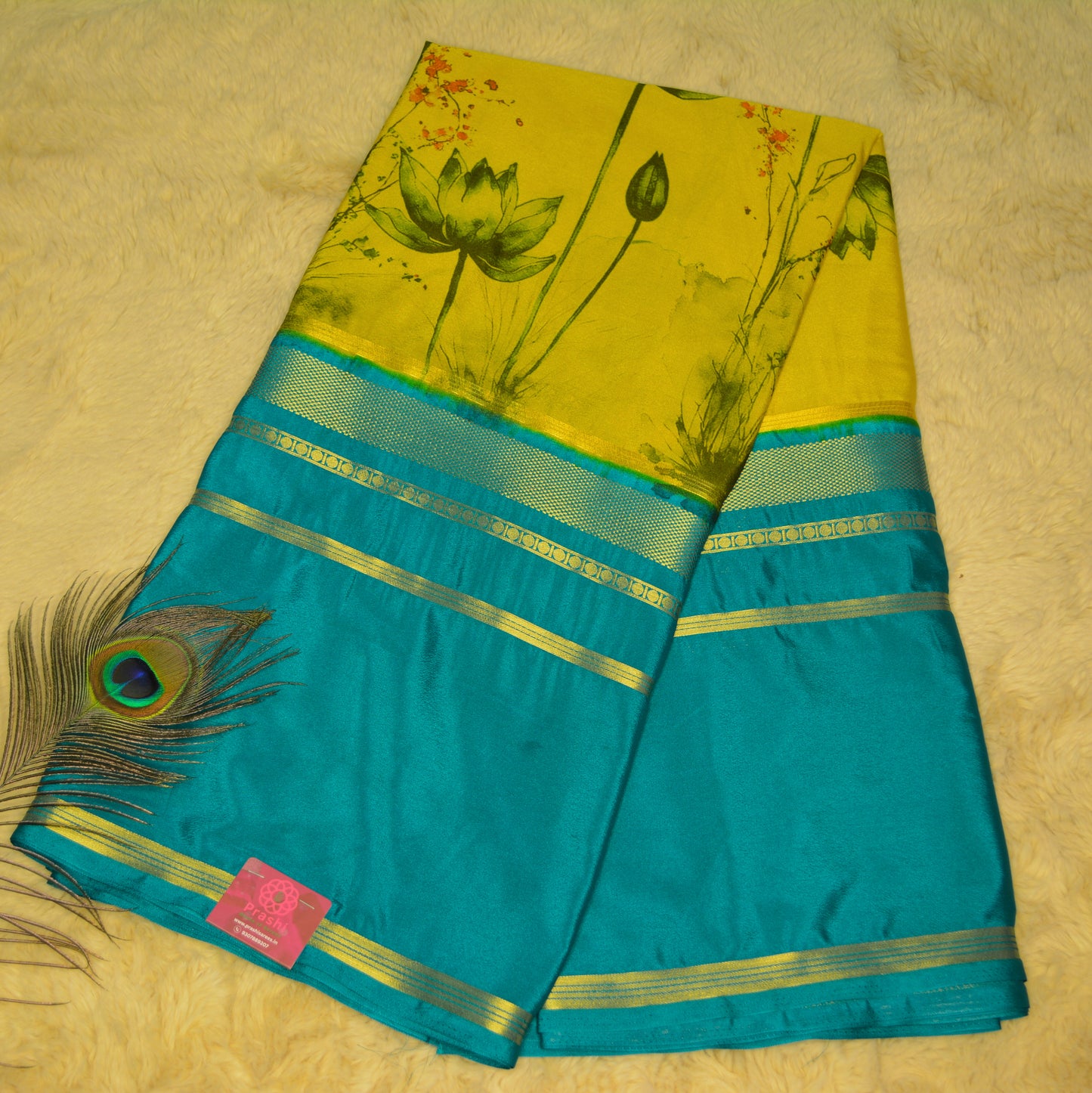 Lemon yellow semi mysore crepe Kalamkari saree