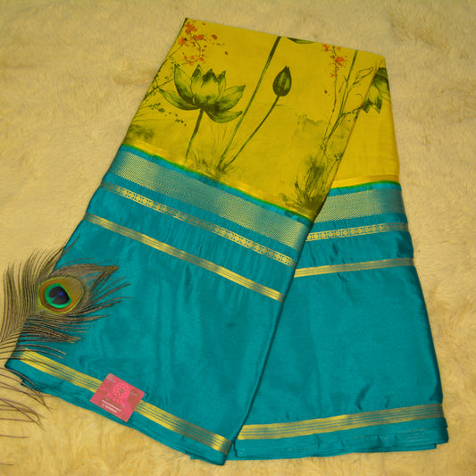 Lemon yellow semi mysore crepe Kalamkari saree