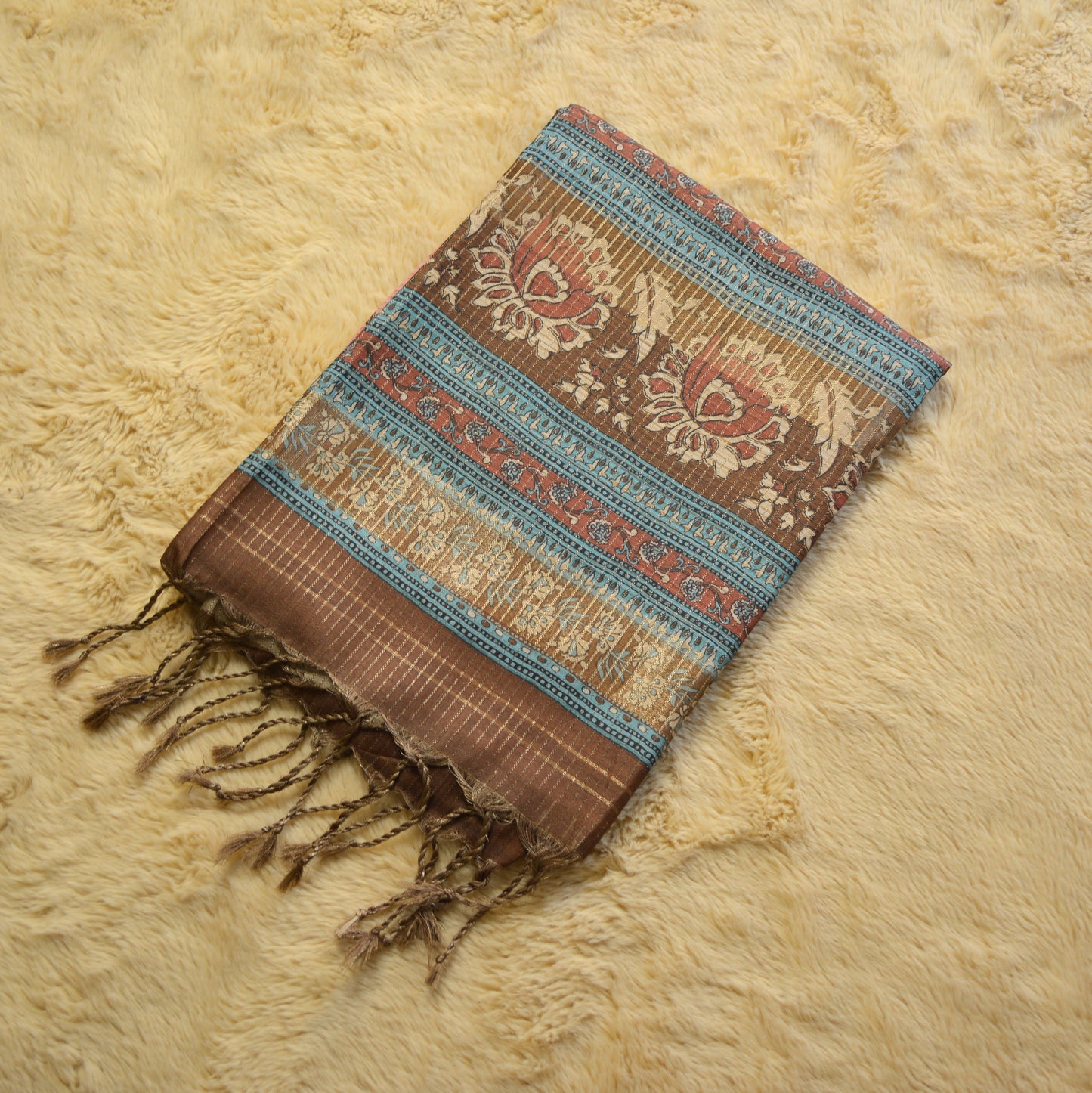 Peach and brown tussar checks kalamkari printed saree