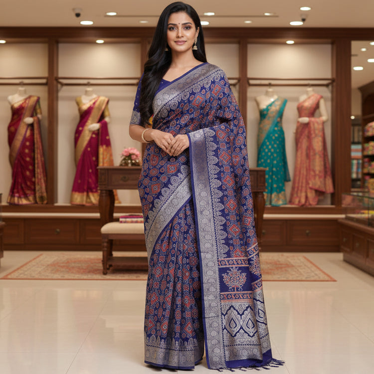Navy blue ajrakh handblock printed pure dola silk saree