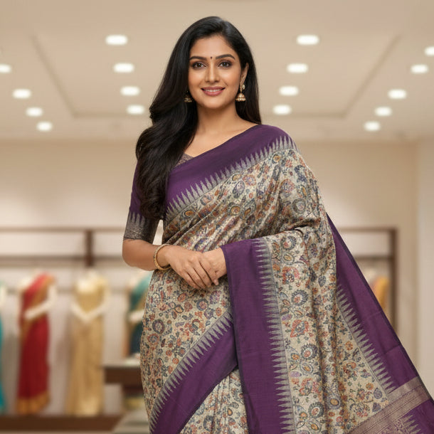 Grey with purple kalyani cotton digital print saree