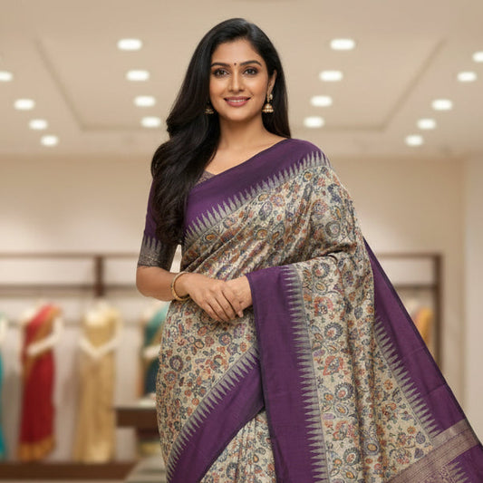 grey and purple kalyan cotton digital print saree