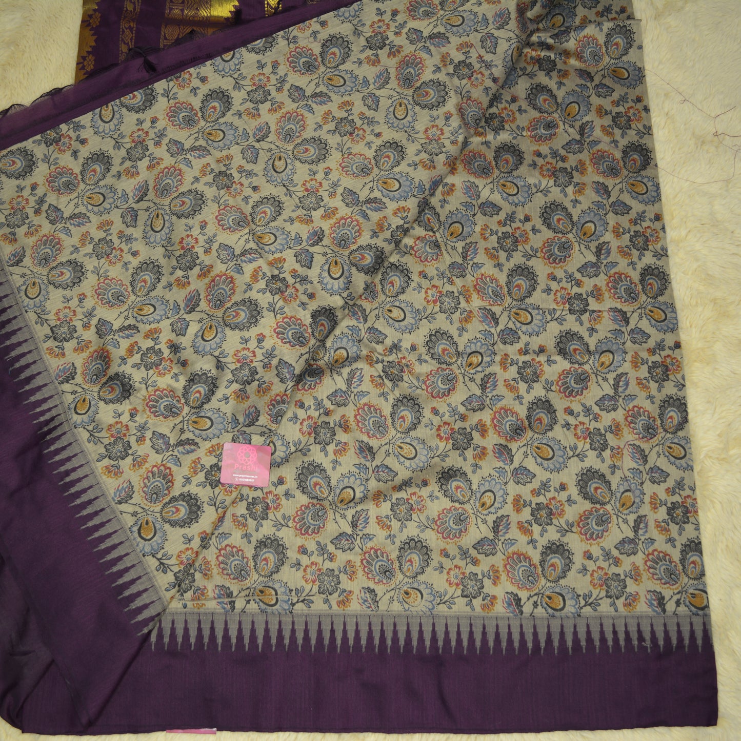 Grey with purple kalyani cotton digital print saree