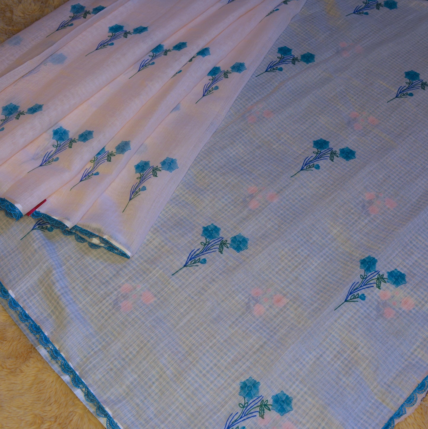 White and blue border tissue linen saree
