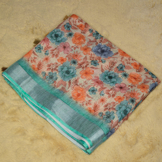 Sky blue linen katha work digital print saree