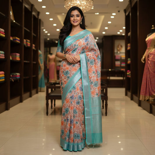 Sky blue linen katha work digital print saree