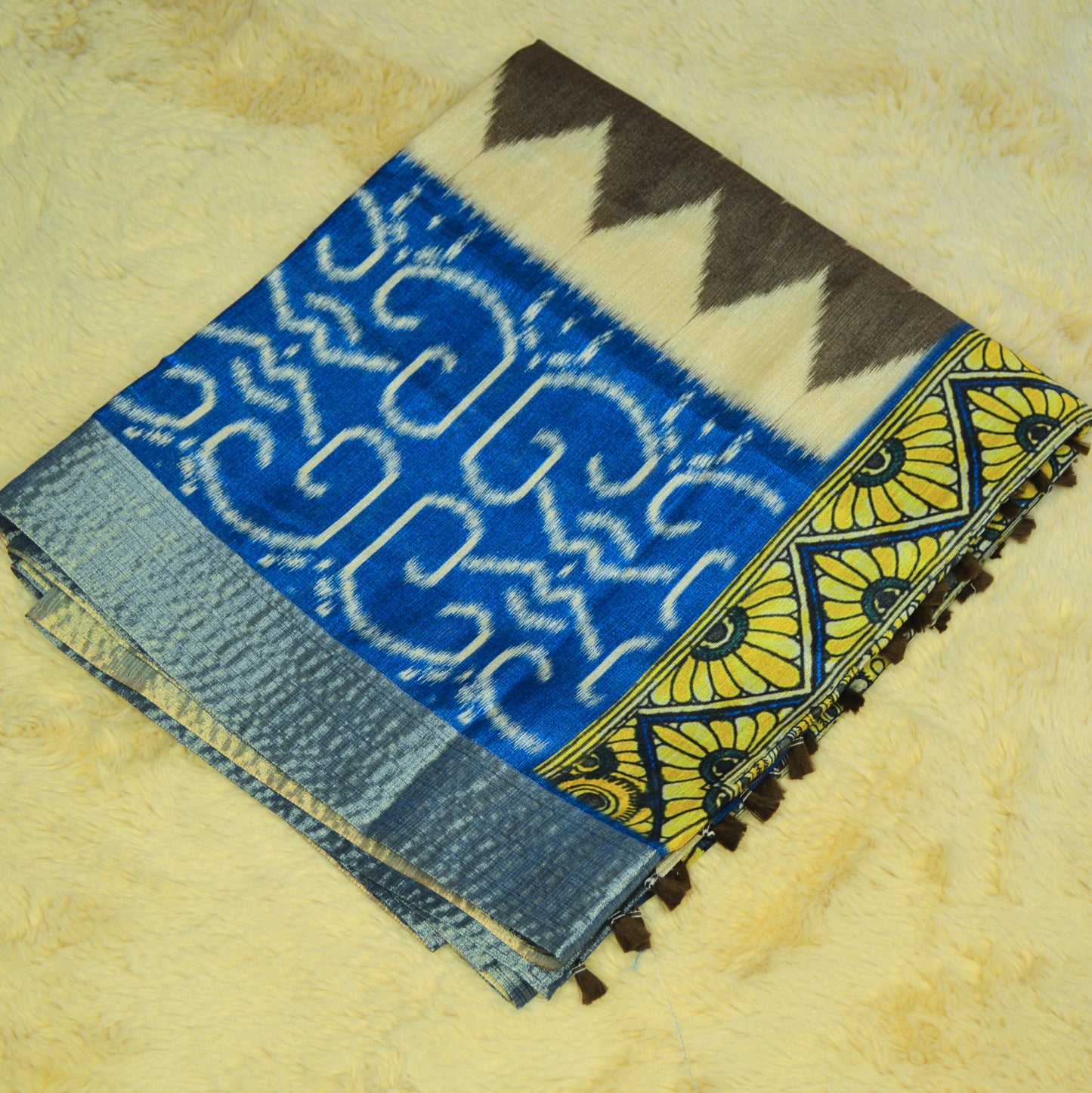 Grey with blue semi tussar ikkat print saree