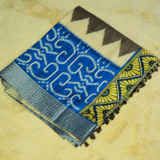 Grey with blue semi tussar ikkat print saree