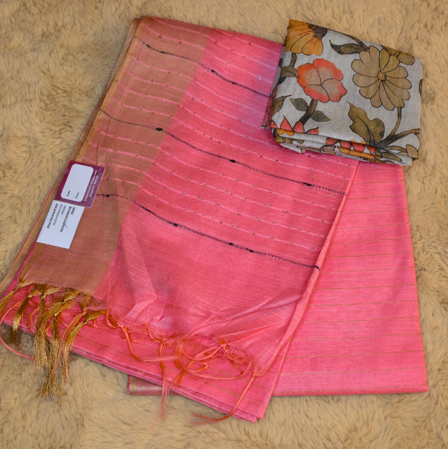 Peach pink mooga tissue saree with 2 blouses