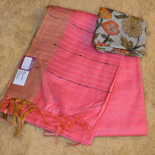 Peach pink mooga tissue saree with 2 blouses