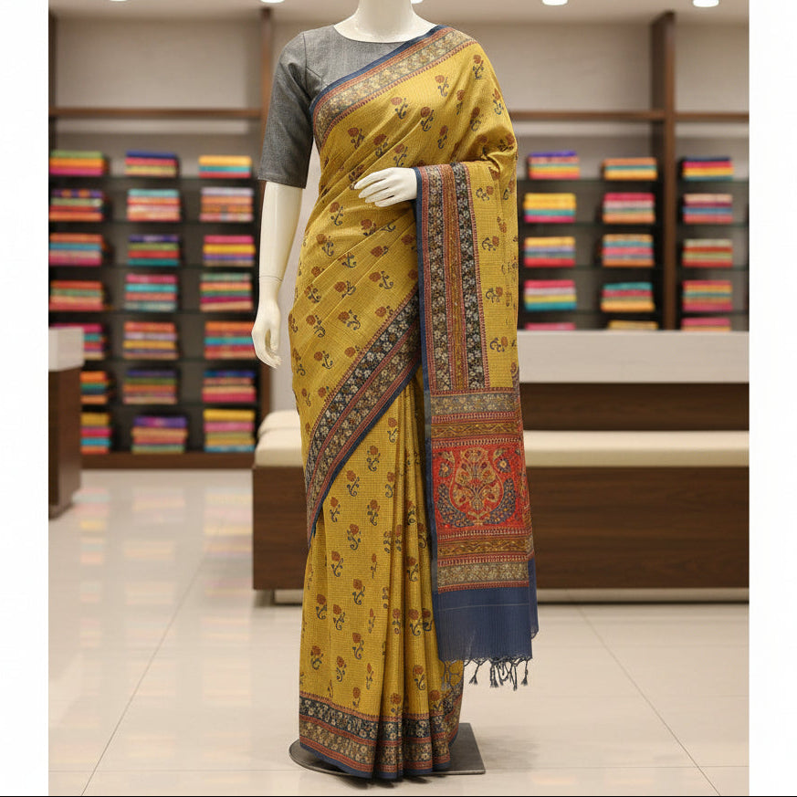 Mustard yellow with blue tussar checks kalamkari printed saree