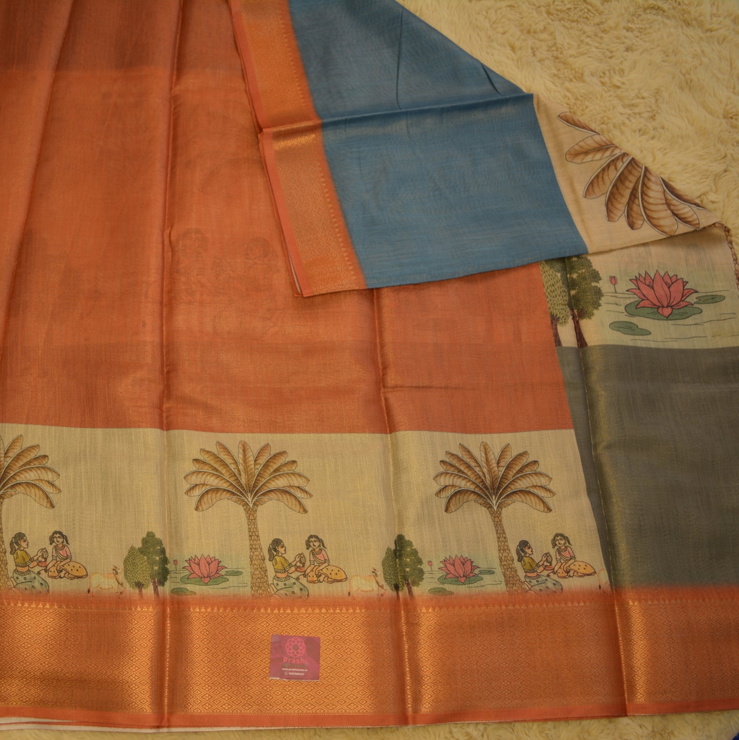 Blue cotton blend kalamkari border saree