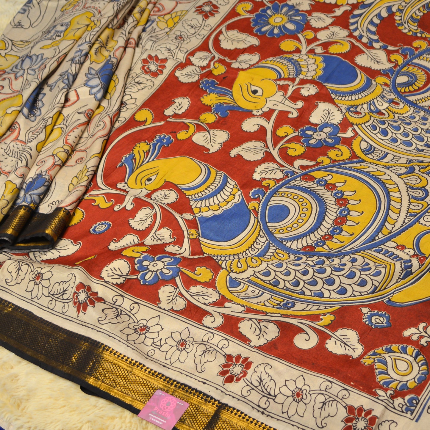 Half-white with blue kalamkari silk saree