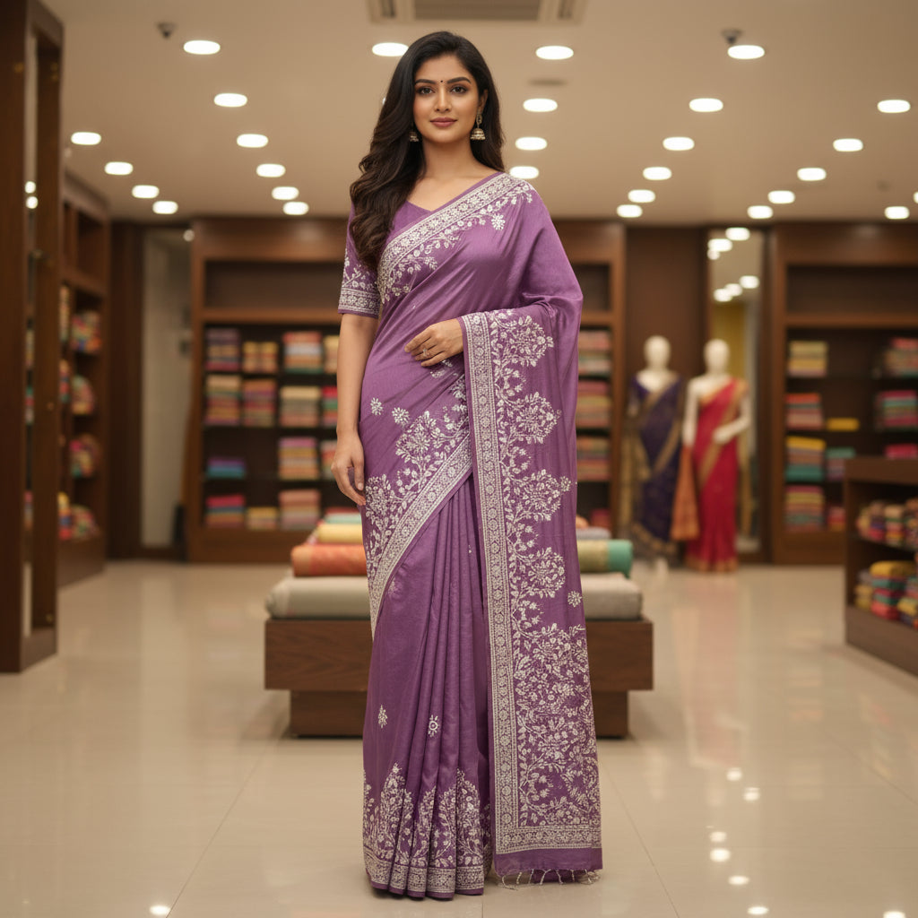 Onion pink dola silk katha work saree