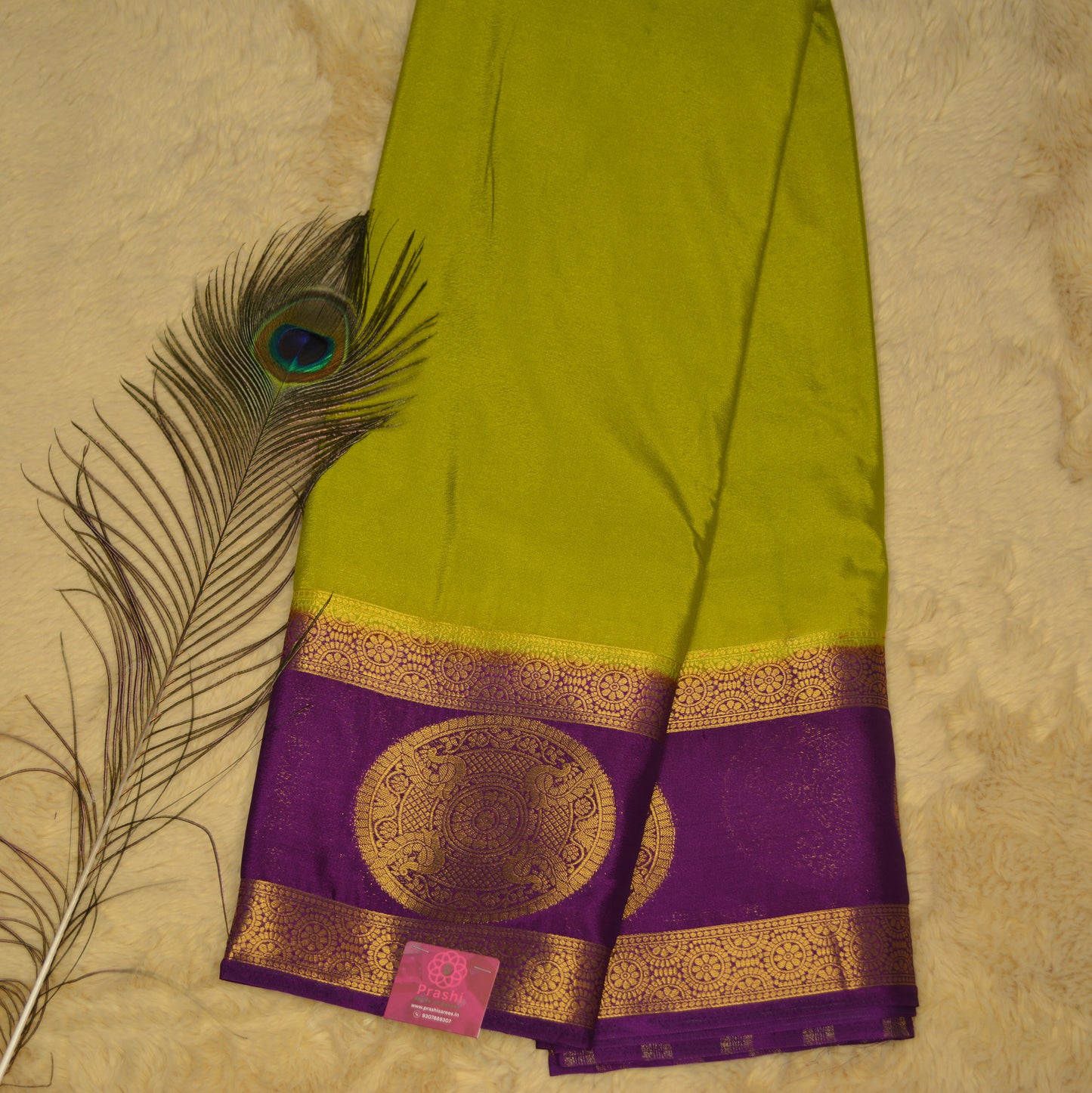 Mehandi green with purple semi mysore crepe bentex butta saree