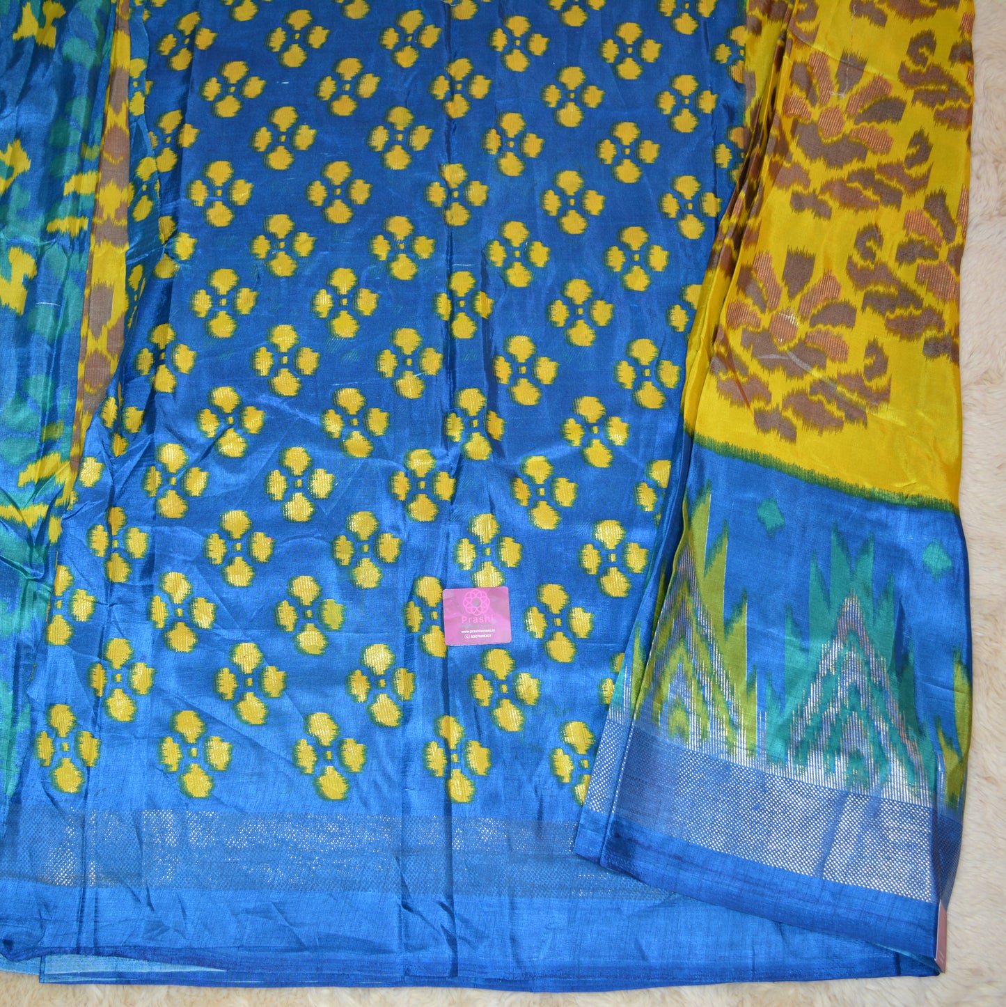 Yellow with blue ikkat semi dola silk saree