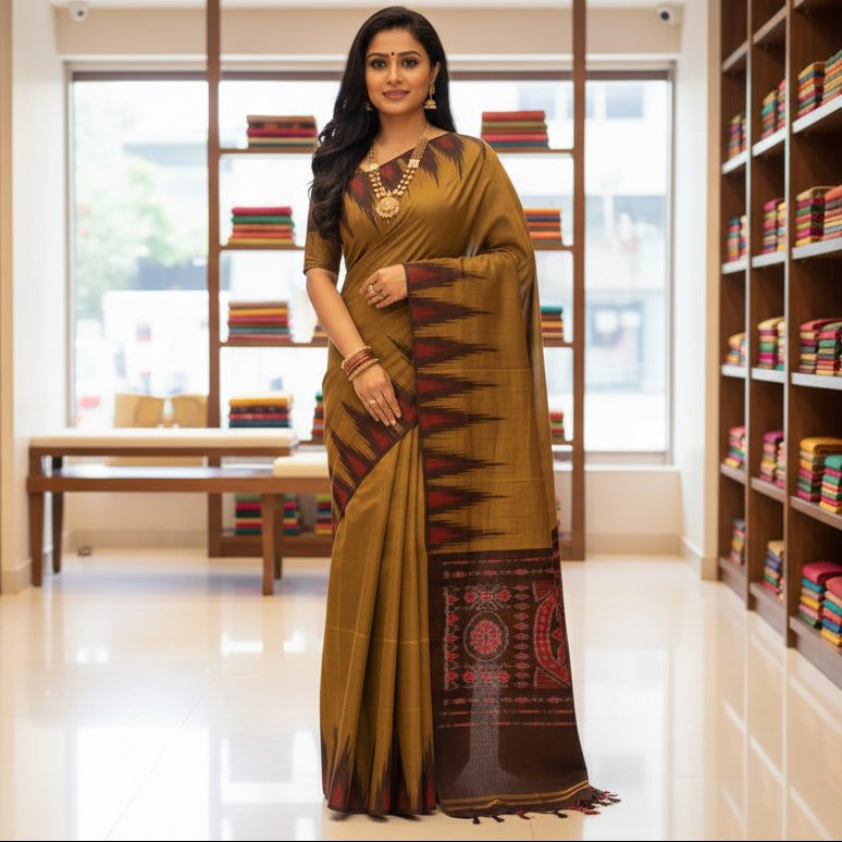 Mustard Handloom manibanbandha ikkat cotton saree