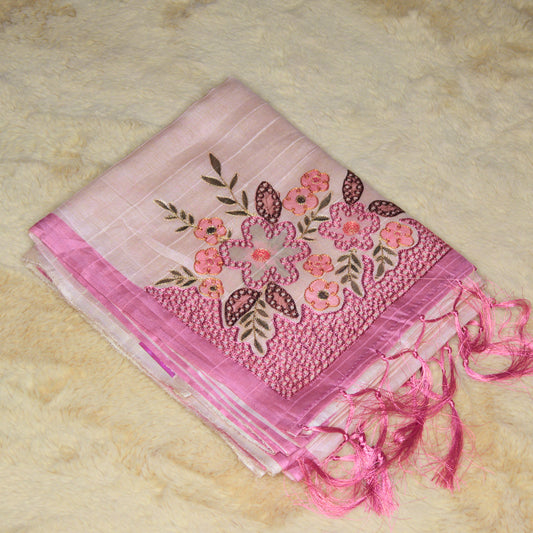 Beige tussar cut work embroidery saree with pink contrast