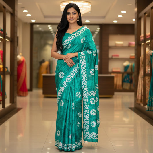 Rama green mul cotton bhatik print saree