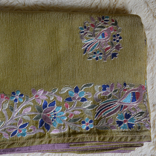 Olive green crush tissue embroidery saree