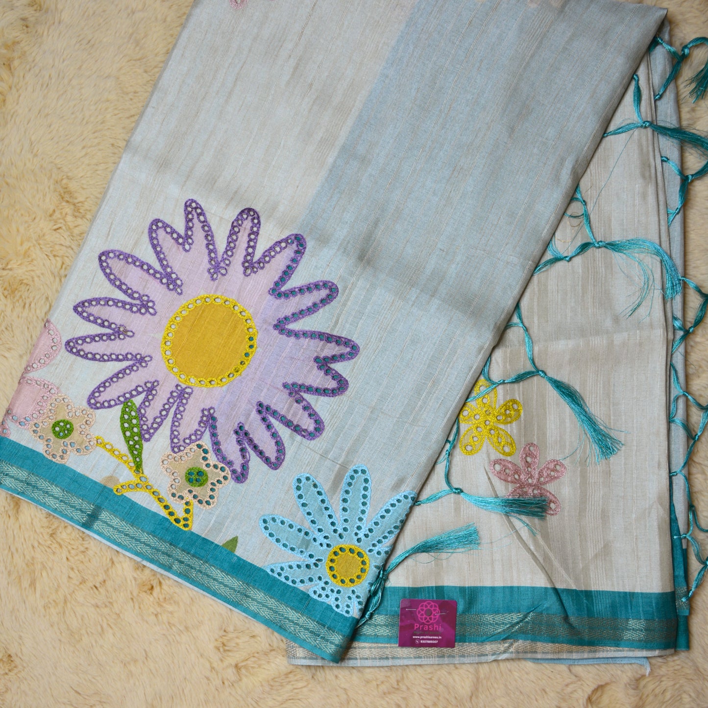 BLUE contrast tussar cutwork saree