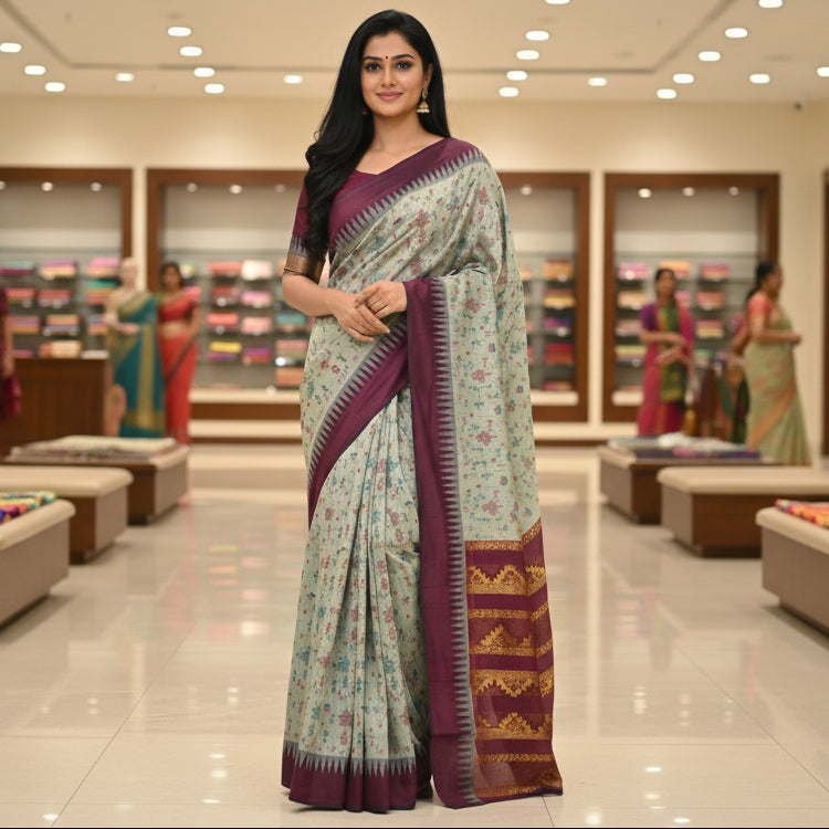 Grey with maroon contrast kalyani cotton digital print saree