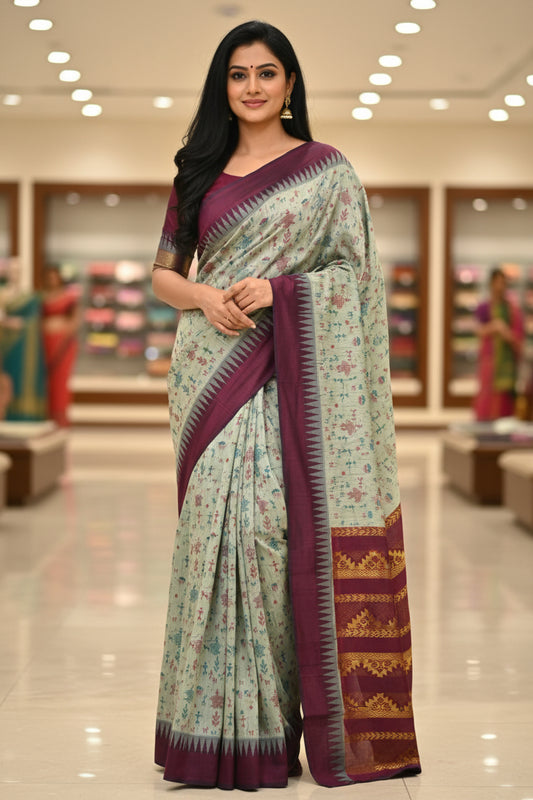 grey and maroon contrast kalyani cotton digital print saree