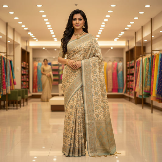 Grey handblack printed cotton saree