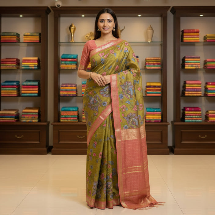 Mahendi Green koria silk floral print border saree
