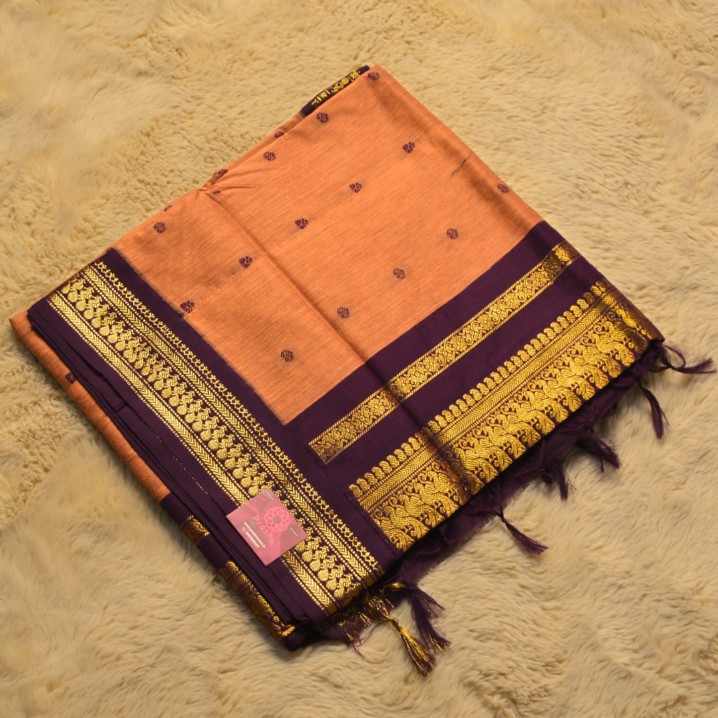 light orange with purple contrast kalyani cotton border saree