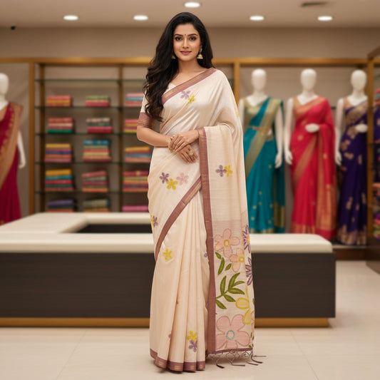 Brown contrast tussar cutwork saree