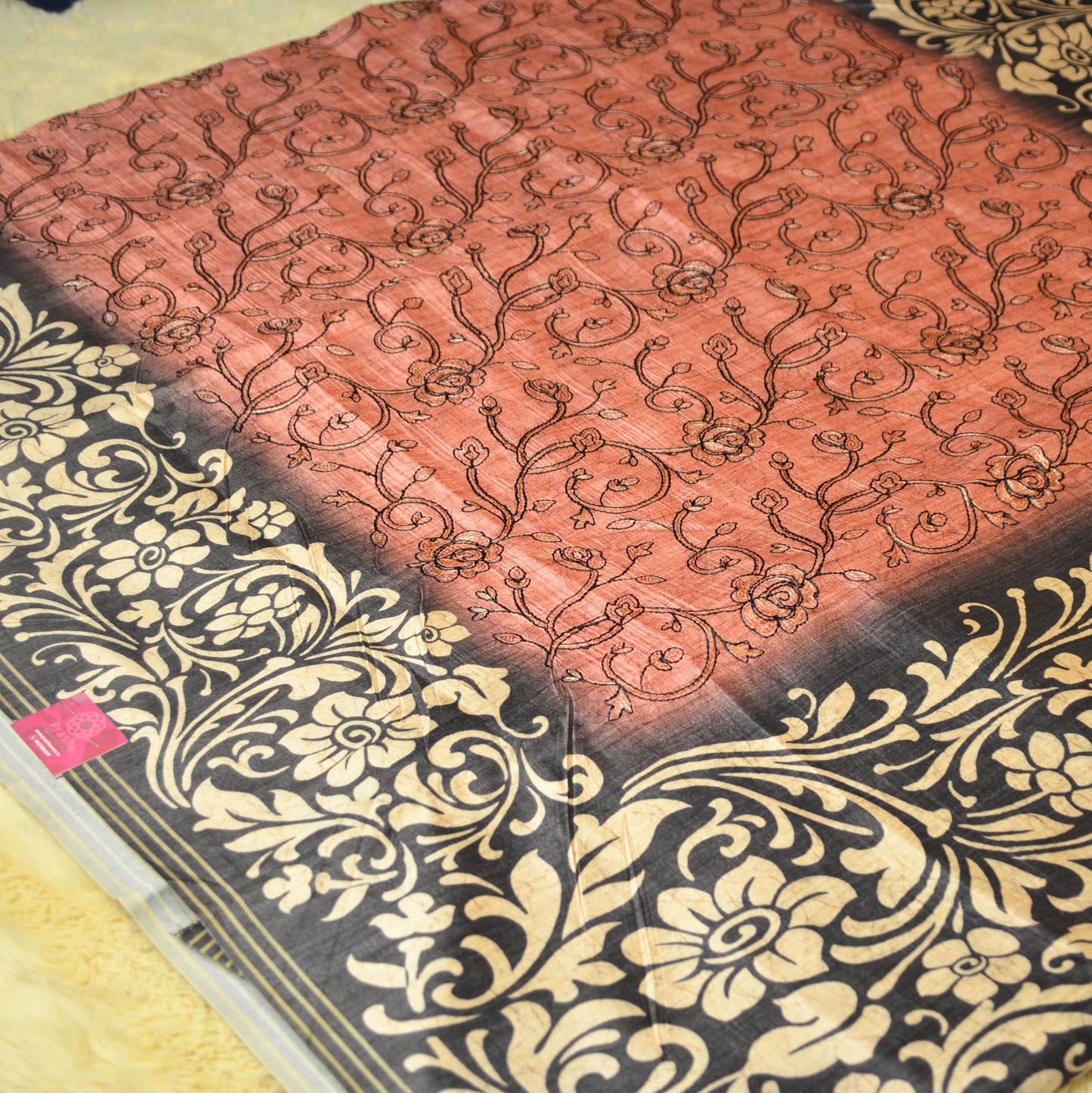 Onion pink soft tussar embroidery saree with black contrast