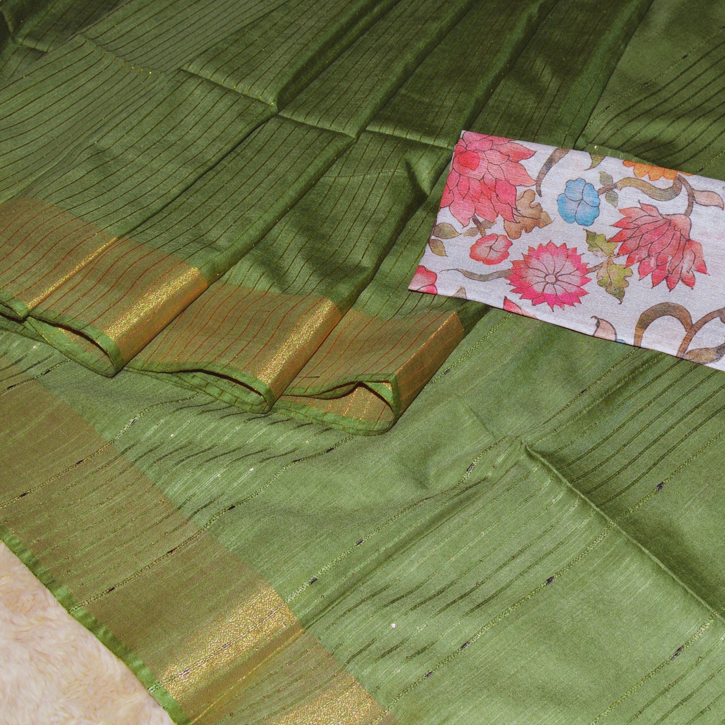 Peach green mooga silk 2 blouse saree